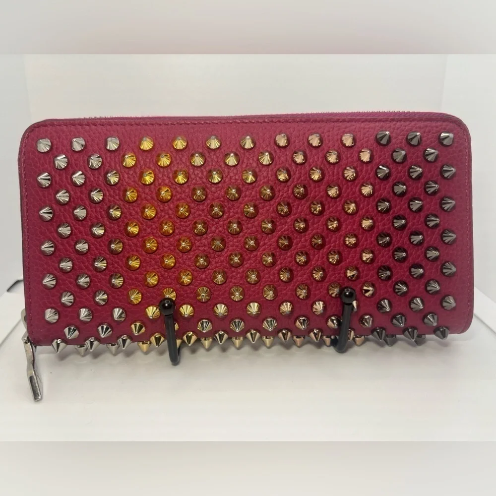 Christian Louboutin Zip Around Panetone Studded wallet in Wine Color, Leather